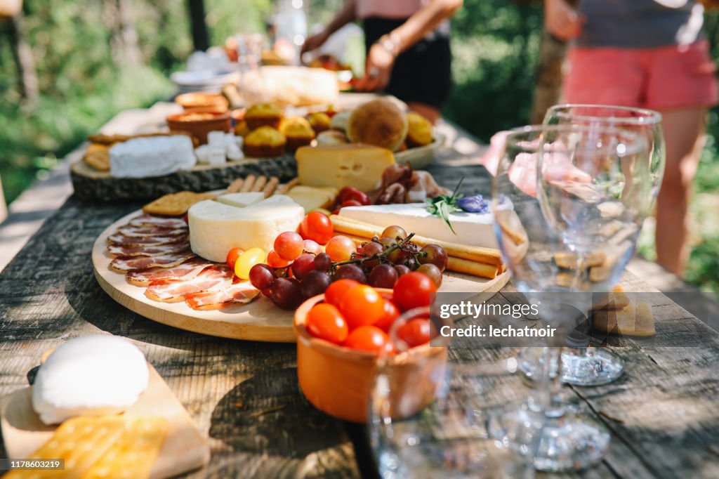 Various Mediterranean foods for an outdoors picnic