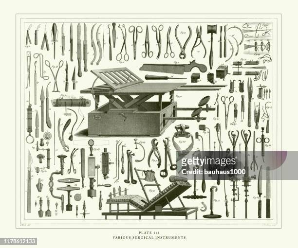 stockillustraties, clipart, cartoons en iconen met gegraveerde antieke, diverse chirurgische instrumenten gravure antieke illustratie, gepubliceerd 1851 - messinstrument