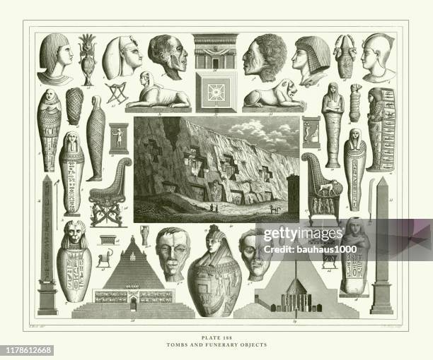 engraved antique, tombs and funerary objects engraving antique illustration, published 1851 - baptismal font stock illustrations