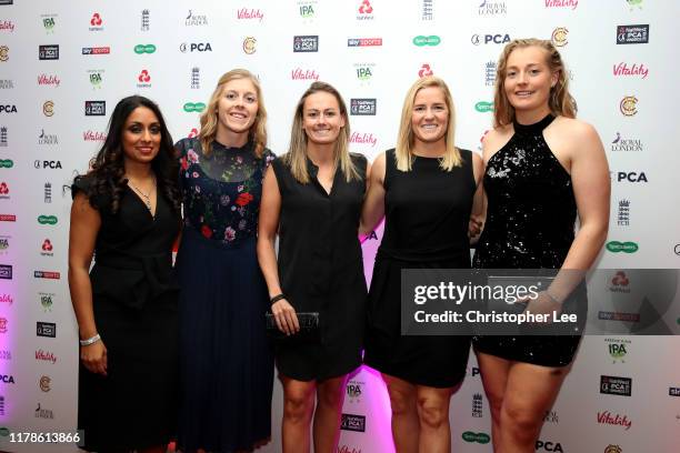 Isha Guha, Heather Knight, Laura Marsh, Katherine Brunt and Sophie Ecclestone arrives for the 50th NatWest PCA Awards at The Roundhouse on October...