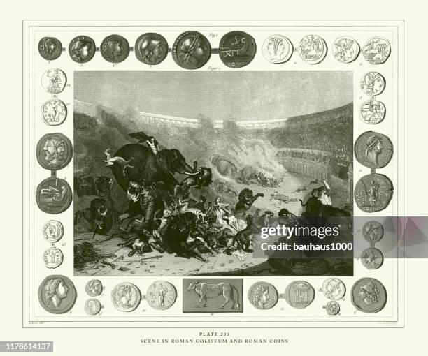 engraved antique, scene in roman coliseum and roman coins engraving antique illustration, published 1851 - ancient roman coin stock illustrations