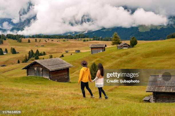 young couple enjoying a walk through grassland - young couple enjoying a walk through grassland stock pictures, royalty-free photos & images