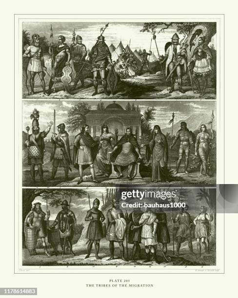 stockillustraties, clipart, cartoons en iconen met gegraveerde antieke, de stammen van de migratie gravure antieke illustratie, gepubliceerd 1851 - sect