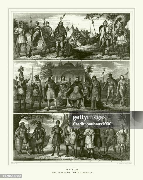 engraved antique, the tribes of the migration engraving antique illustration, published 1851 - sect stock illustrations