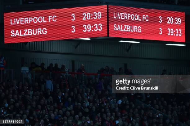 View of the scoreboard during the UEFA Champions League group E match between Liverpool FC and RB Salzburg at Anfield on October 02, 2019 in...