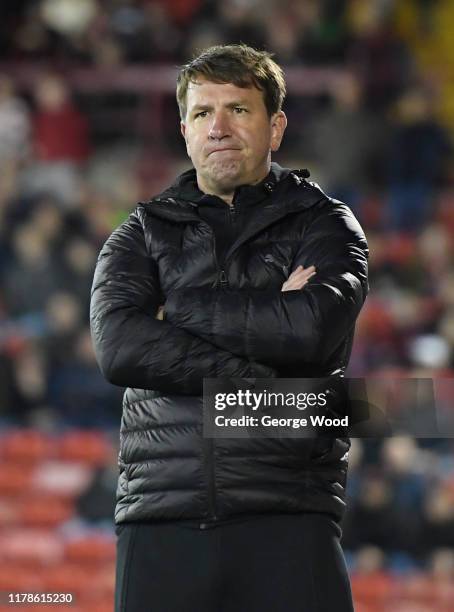 Daniel Stendel manager of Barnsley reacts during the Sky Bet Championship match between Barnsley and Derby County at Oakwell Stadium on October 02,...