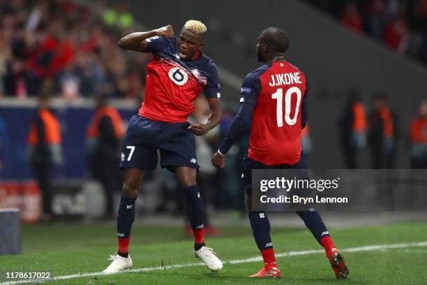 Victor Osimhen of Lille celebrates after he scores his sides first goal during the UEFA Champions League group H match between Lille OSC and Chelsea...