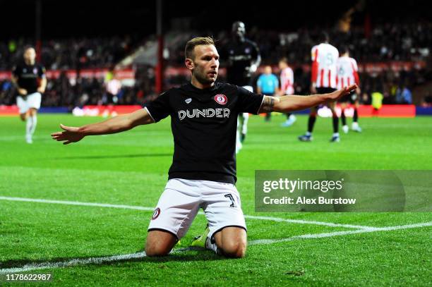 Andreas Weimann of Bristol City celebrates scoring his team's first goal during the Sky Bet Championship match between Brentford and Bristol City at...