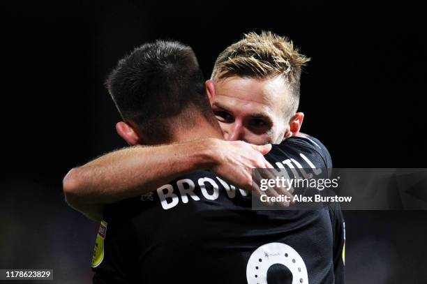 Andreas Weimann of Bristol City celebrates with teammate Josh Brownhill after scoring his team's first goal during the Sky Bet Championship match...