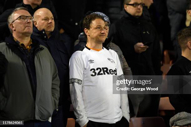 Derby County fan reacts during the Sky Bet Championship match between Barnsley and Derby County at Oakwell Stadium on October 02, 2019 in Barnsley,...