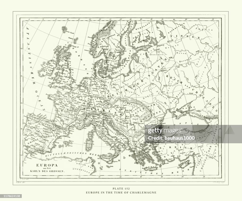 Engraved Antique, Europe in the Time of Charlemagne Engraving Antique Illustration, Published 1851