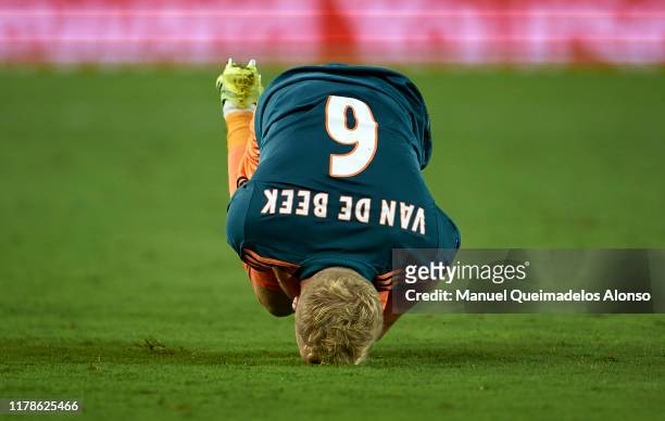 Donny van de Beek of Ajax lies injured on the pitch during the UEFA Champions League group H match between Valencia CF and AFC Ajax at Estadio...