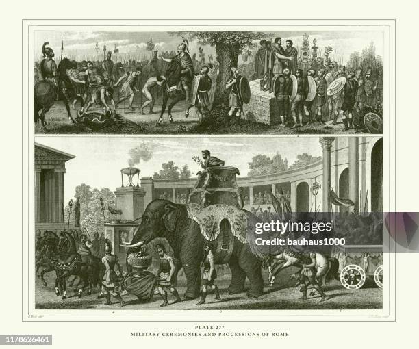 gravierte antike, militärische zeremonien und prozessionen von rom gravur antike illustration, veröffentlicht 1851 - romantique stock-grafiken, -clipart, -cartoons und -symbole