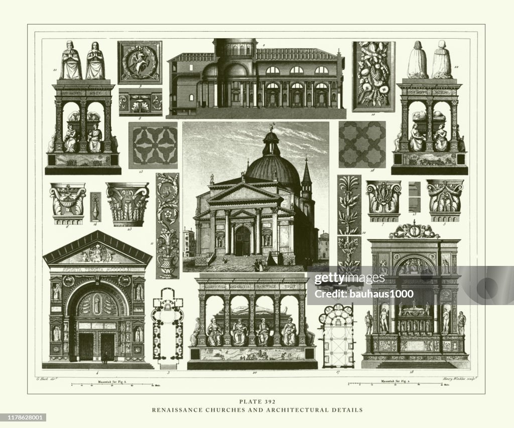Engraved Antique, Renaissance Churches and Architectural Details Engraving Antique Illustration, Published 1851