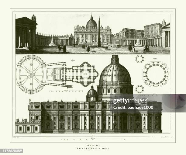 stockillustraties, clipart, cartoons en iconen met gegraveerde antieke, saint peter's in rome gravure van antieke illustratie, gepubliceerd 1851 - zuilengalerij