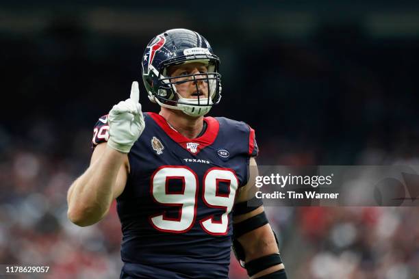 Watt of the Houston Texans reacts after batting down a pass in the first half against the Oakland Raiders at NRG Stadium on October 27, 2019 in...