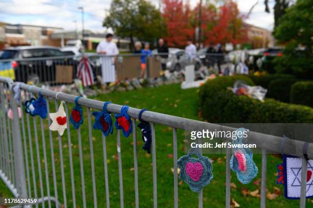 Woven Stars of David along the fence at the Tree of Life Synagogue on the 1st Anniversary on October 27, 2019 in Pittsburgh, Pennsylvania. One year...