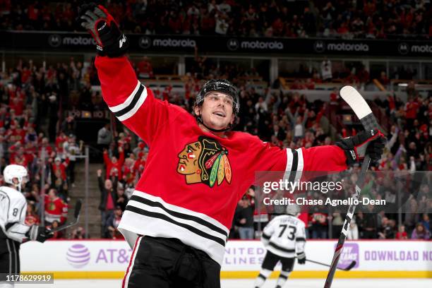 Dylan Strome of the Chicago Blackhawks reacts after scoring his second goal against the Los Angeles Kings in the second period at the United Center...