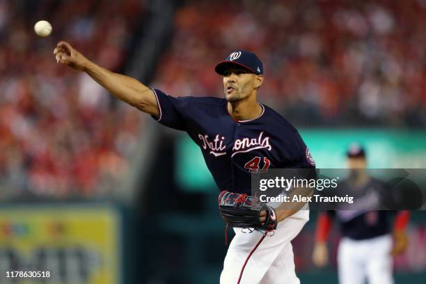 Joe Ross of the Washington Nationals pitches during Game 5 of the 2019 World Series between the Houston Astros and the Washington Nationals at...