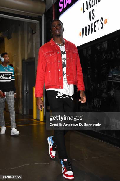 Dwayne Bacon of the Charlotte Hornets arrives before game against the Los Angeles Lakers on October 27, 2019 at STAPLES Center in Los Angeles,...