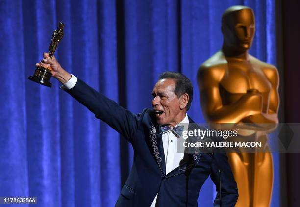 Actor Wes Studi accepts his honorary award onstage at the 11th Annual Governors Awards gala hosted by the Academy of Motion Picture Arts and Sciences...