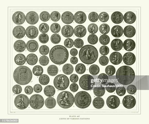 ilustraciones, imágenes clip art, dibujos animados e iconos de stock de grabado antiguo, monedas de varias naciones grabado ilustración antigua, publicado 1851 - us coin