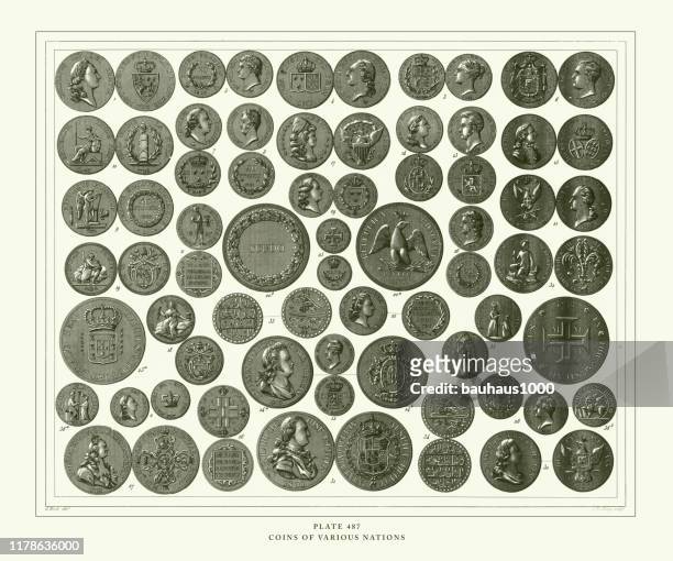 stockillustraties, clipart, cartoons en iconen met gegraveerde antieke, munten van verschillende naties gravure antieke illustratie, gepubliceerd 1851 - us coin
