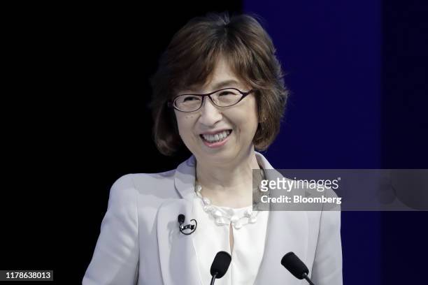 Tomoko Namba, founder and chairman of DeNA Co. Ltd., reacts during the 21st Nikkei Global Management Forum in Tokyo, Japan, on Monday, Oct. 28, 2019....
