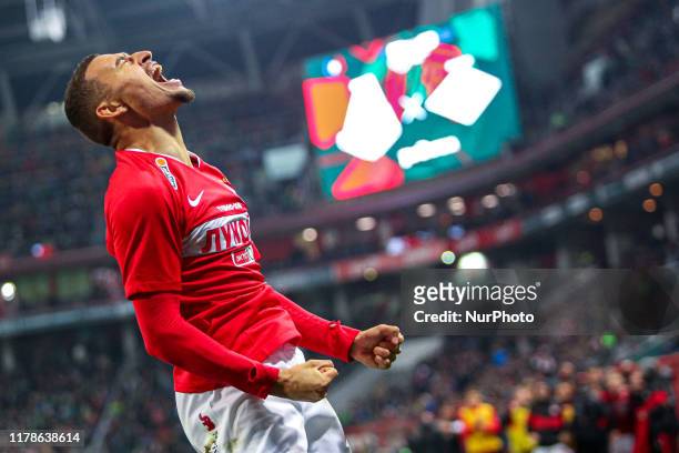 Jordan Larsson of FC Spartak Moscow celebrates his goal during the Russian Football League match between FC Lokomotiv Moscow and FC Spartak Moscow at...