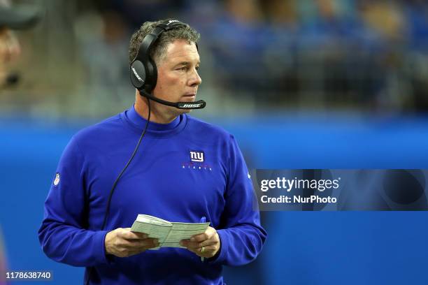 New York Giants head coach Pat Shurmur looks onto the field during the first half of an NFL football game against the Detroit Lions in Detroit,...