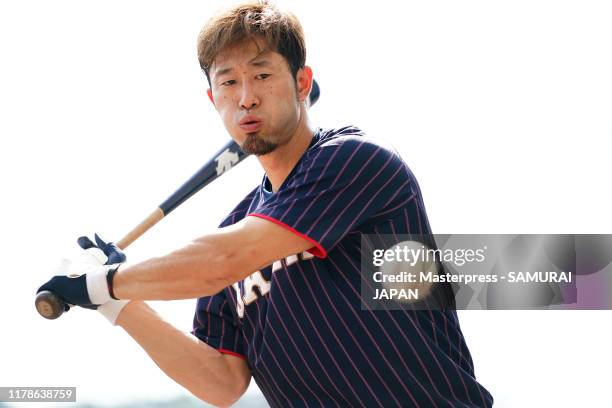 Shuta Tonosaki of Japan in action during a Samurai Japan training session at the Okinawa Cellular Stadium Naha on October 28, 2019 in Naha, Okinawa,...