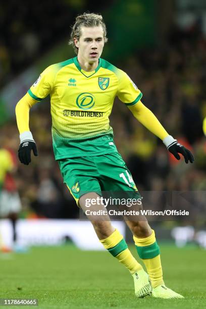 Todd Cantwell of Norwich during the Premier League match between Norwich City and Manchester United at Carrow Road on October 26, 2019 in Norwich,...