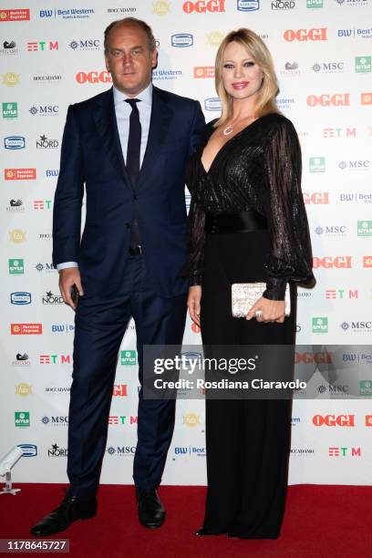 Andrea Ruggieri and Anna Falchi attend the celebrations of the 80 years of the Oggi magazine at Hotel Principe di Savoia on October 02, 2019 in...