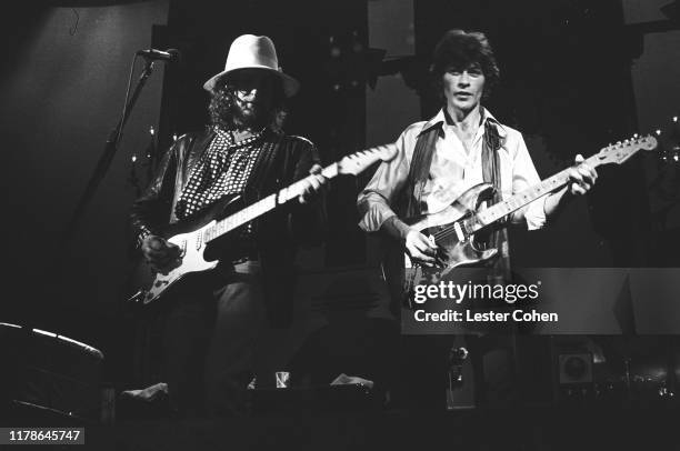 Bob Dylan and Robby Robertson perform onstage during The Last Waltz Thanksgiving Day, November 25 at Winterland Ballroom in San Francisco.