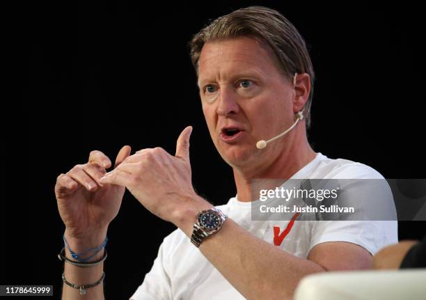 Verizon Communications CEO Hans Vestberg speaks during the TechCrunch Disrupt SF 2019 conference at Moscone Center on October 02, 2019 in San...