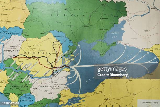 Map displays Black Sea shipping trade routes from the Port of Constanta in Constanta, Romania, on Tuesday, Oct. 8 2019. The region that straddles...