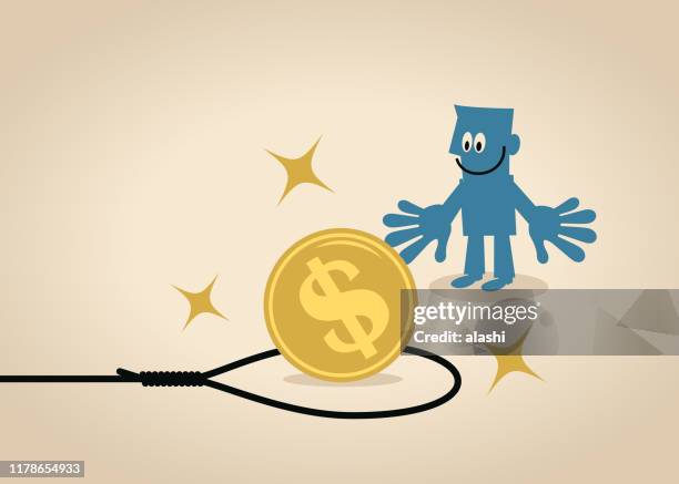 businessman looking at a big dollar sign currency coin inside the noose trap - ambush stock illustrations