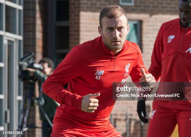 Herbie Kane of Liverpool during a training session at Melwood Training Ground on October 28, 2019 in Liverpool, England.
