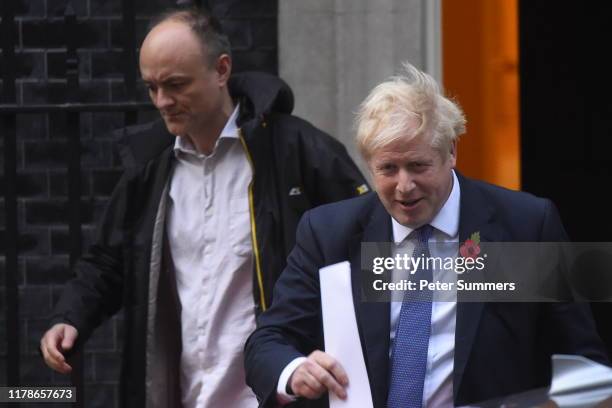 Prime Minister Boris Johnson and his political advisor Dominic Cummings leave 10 Downing Street on October 28, 2019 in London, England. EU leaders...