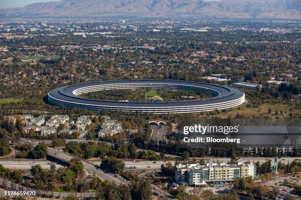 The Apple Park campus stands in this aerial photograph taken above Cupertino, California, U.S., on Wednesday, Oct. 23, 2019. Apple Inc. Will report...