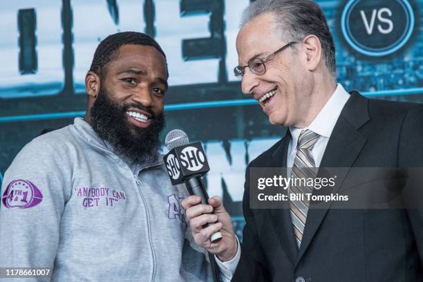 Adrien Broner conducts an interview for his upcoming Welterweight fight against Jesse Vargas at Barclays Center on April 20, 2018 in Brooklyn.