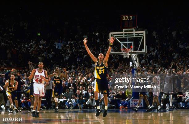 Playoffs: Indiana Pacers Reggie Miller victorious after winning game and series vs New York Knicks at Madison Square Garden. Game 7. New York, NY...