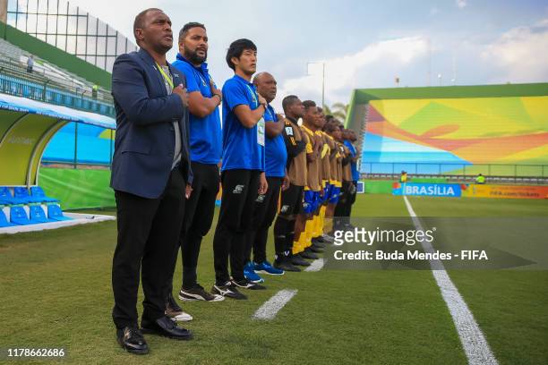 Members of Solomon Islands line up for the National Anthems ahead the FIFA U-17 Men's World Cup Brazil 2019 group F match between Solomon Islands and...