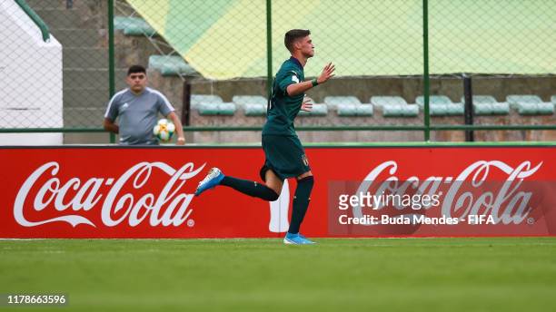 Nicolo Cudrig of Italy celebrates a scored goal during the FIFA U-17 Men's World Cup Brazil 2019 group F match between Solomon Islands and Italy at...