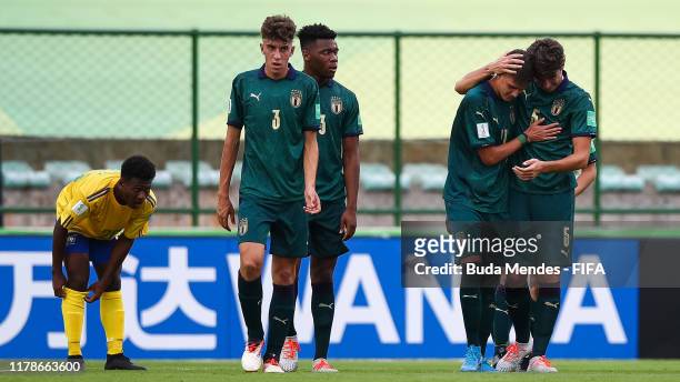 Nicolo Cudrig of Italy celebrates a scored goal with his teammates during the FIFA U-17 Men's World Cup Brazil 2019 group F match between Solomon...