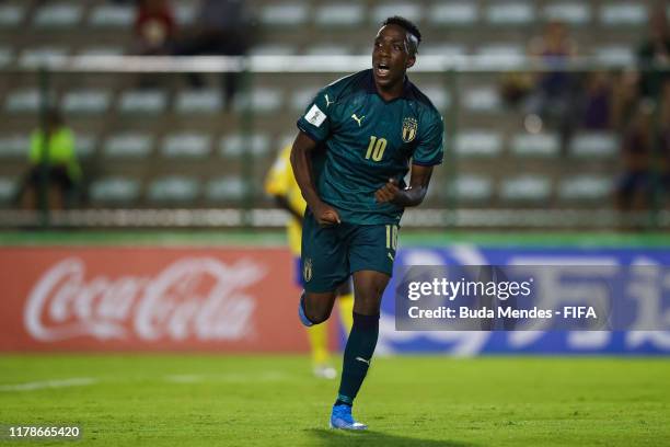 Franco Tongya of Italy celebrates a scored goal during the FIFA U-17 Men's World Cup Brazil 2019 group F match between Solomon Islands and Italy at...