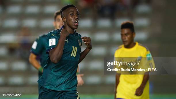 Franco Tongya of Italy celebrates a scored goal during the FIFA U-17 Men's World Cup Brazil 2019 group F match between Solomon Islands and Italy at...