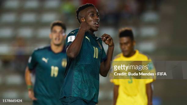 Franco Tongya of Italy celebrates a scored goal during the FIFA U-17 Men's World Cup Brazil 2019 group F match between Solomon Islands and Italy at...