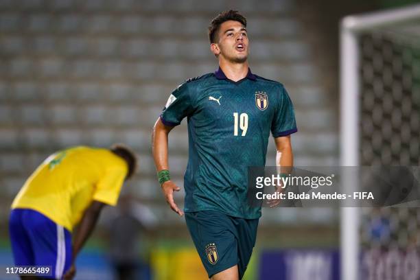 Andrea Capone of Italy celebrates a scored goal during the FIFA U-17 Men's World Cup Brazil 2019 group F match between Solomon Islands and Italy at...