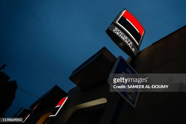 Picture taken on October 28 shows the logo of the Societe Generale bank, in Ouistreham, Normandy, northwestern France.